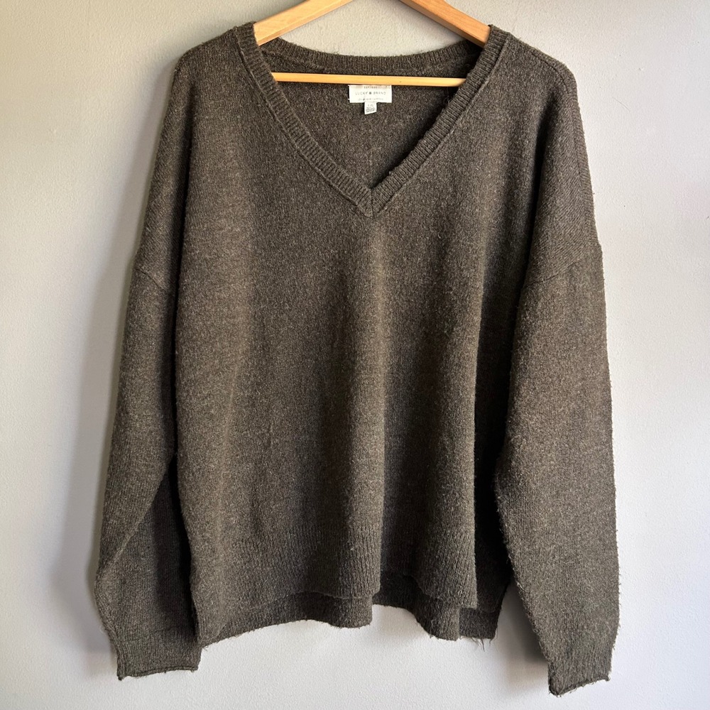 Lucky Brand Womens Olive Brown V-Neck Wool Blend Oversized Sweater Large